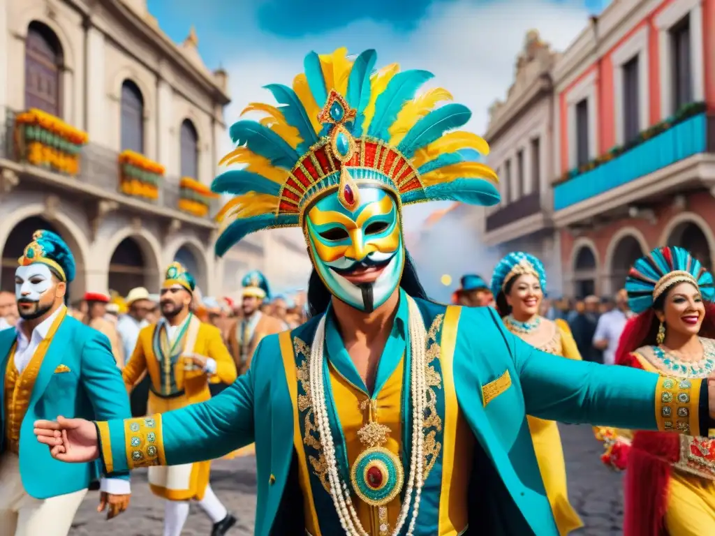 Vibrante Carnaval Uruguayo: Baile, Color y Tradición Vibrante escena del Carnaval Uruguayo con impacto económico, participación comunitaria y coloridos trajes en las calles empedradas