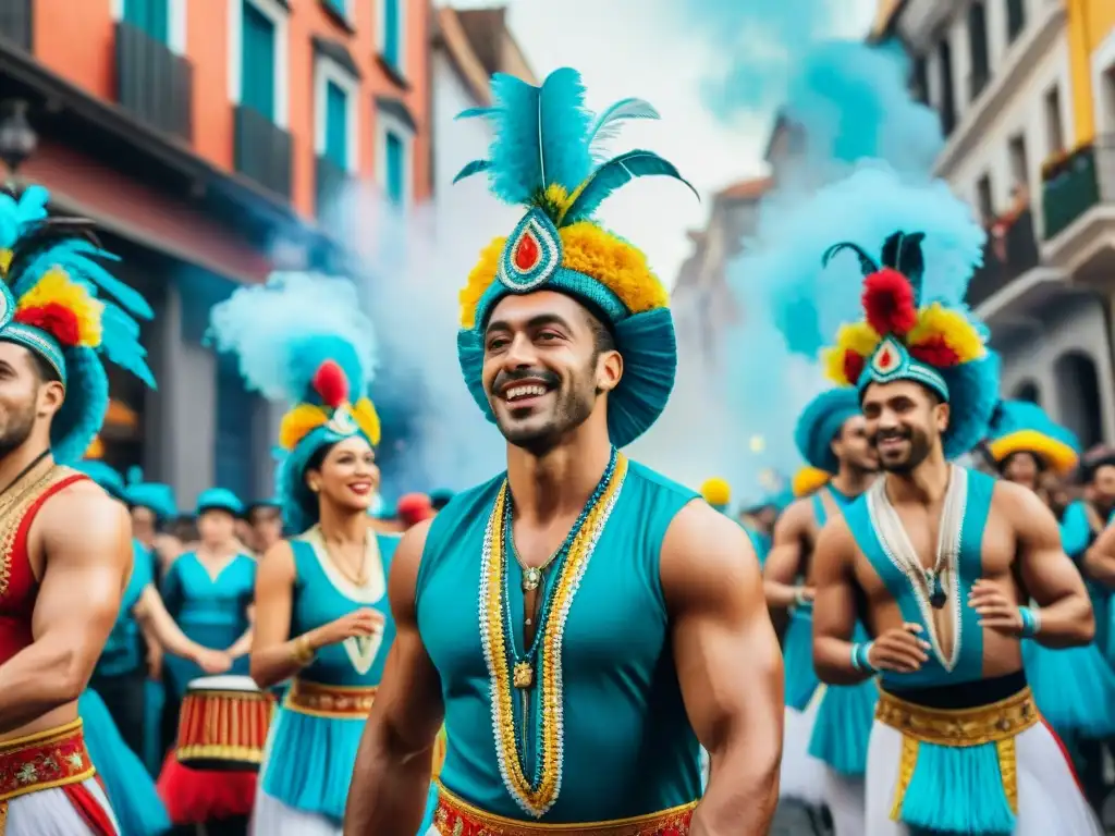 Vibrante pintura acuarela del Carnaval Uruguayo Vibrante escena de Carnaval Uruguayo con desfile colorido y energía comunitaria