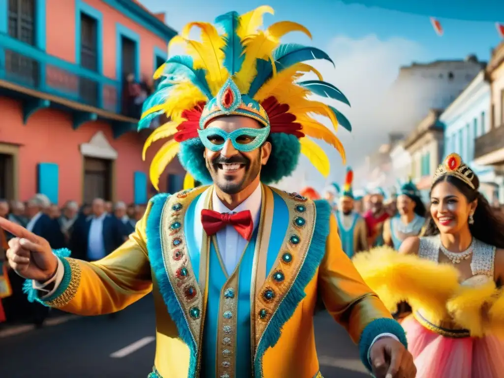 Vibrante desfile de Carnaval en Uruguay: detalle y alegría Una vibrante escena del Carnaval Uruguayo, con personas de todas las edades en trajes tradicionales, celebrando juntas