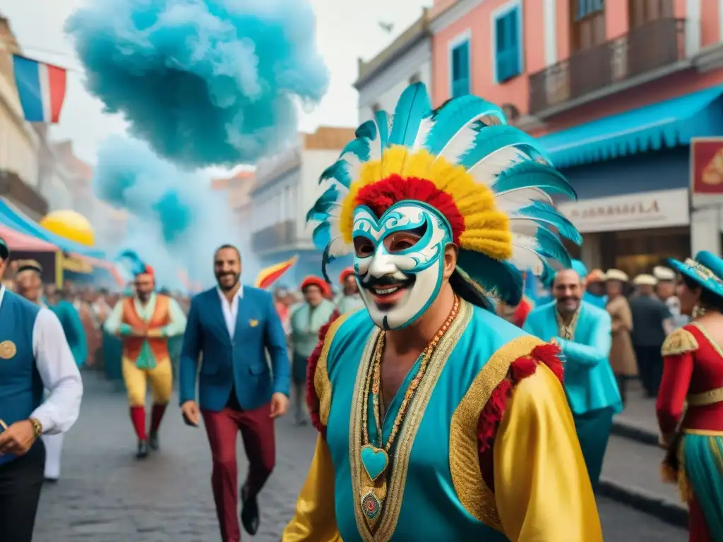 Carnaval Uruguayo: Colorida celebración callejera Vibrante escena del Carnaval Uruguayo con trajes coloridos y bailarines en las calles