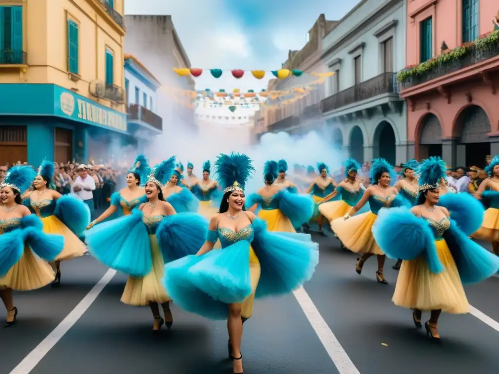 Festejo vibrante del Carnaval Uruguayo en Montevideo Una vibrante escena del Carnaval Uruguayo: bailarines, tambores, confeti y arquitectura colonial en Montevideo