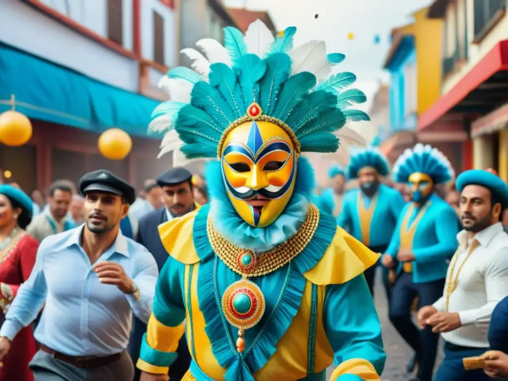 Carnaval Uruguayo: pintura acuarela detallada de la alegría festiva Vibrante escena del Carnaval Uruguayo con familias en trajes coloridos disfrutando de la música y baile