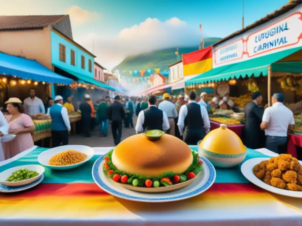 Vibrante escena de carnaval uruguayo con platos típicos en detallada acuarela