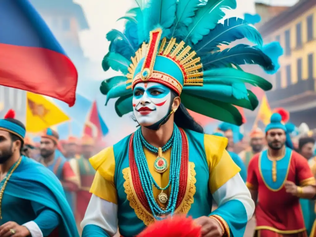 Vibrante ilustración acuarela del Carnaval Uruguayo Vibrante escena de Carnaval Uruguayo con paleta de colores típicos: rojo, azul, amarillo y verde