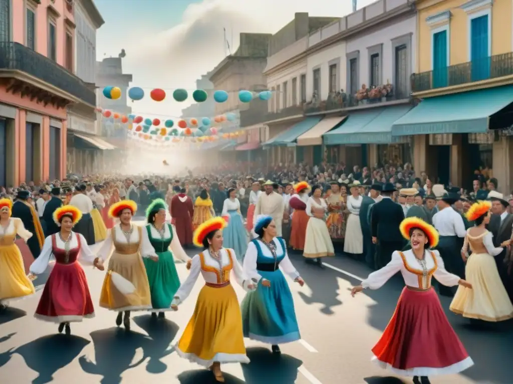 Comparsas vibrantes en Montevideo: Carnaval del siglo XX Vibrante escena de comparsas en el Carnaval Uruguayo, mostrando coloridos trajes y música alegre