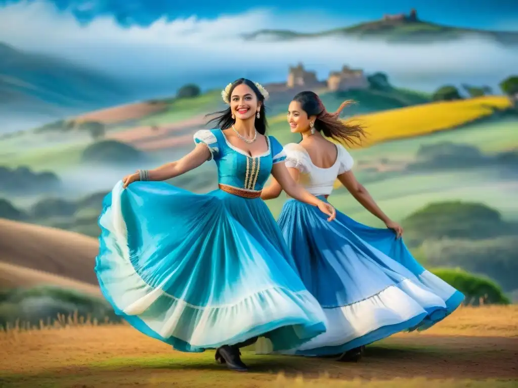 Baile tradicional uruguayo: danza y color en escena Vibrante escena de danza y música uruguaya integradas en ilustración acuarela detallada