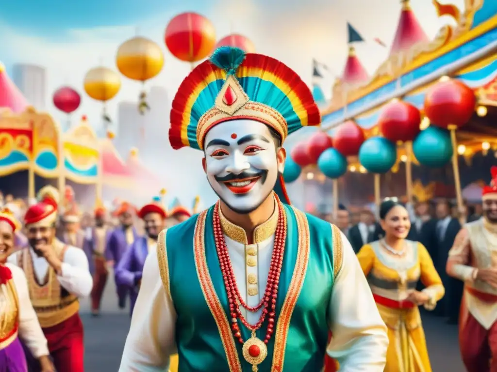 Desfile multicultural vibrante en acuarela Una vibrante escena de desfile en el Carnaval, con personas de diversas culturas celebrando juntas