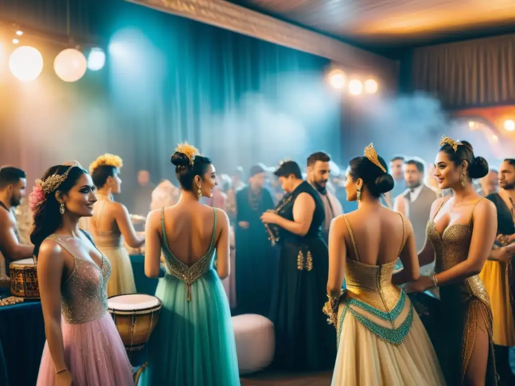 Preparativos coloridos en el carnaval uruguayo Vibrante escena detrás del carnaval uruguayo: artistas en coloridos trajes preparándose para el show