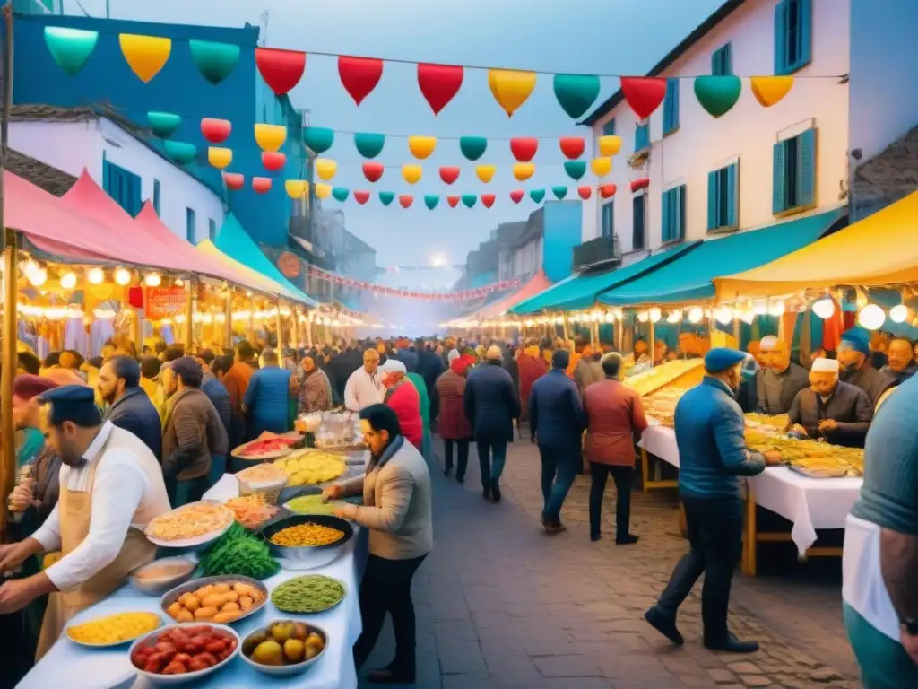 Delicioso Carnaval gastronómico en Uruguay Vibrante escena gastronómica en el tablado del Carnaval Uruguayo: chefs preparando asado y chivito, visitantes disfrutando