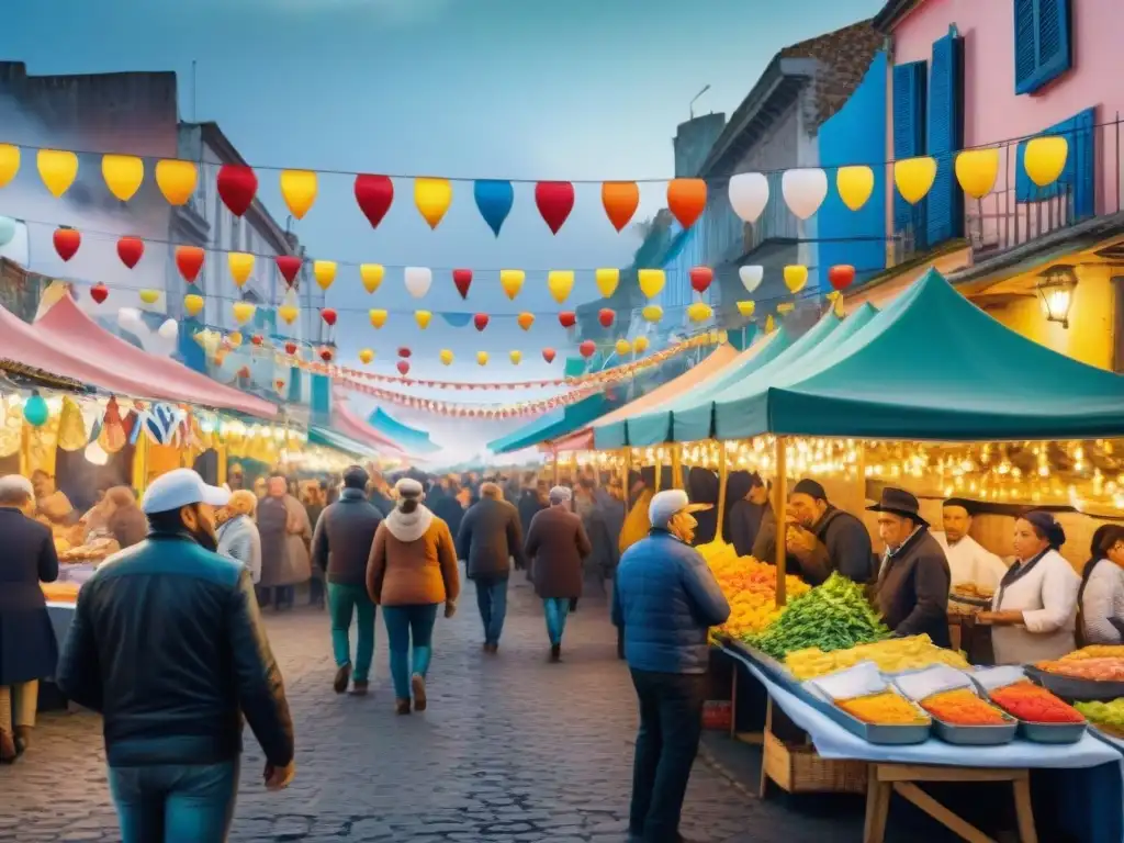 Mercado vibrante en Carnaval: sabores y luces en Uruguay Vibrante escena de mercado durante Carnaval en Uruguay, con Ruta gastronómica del Chivito Uruguayo