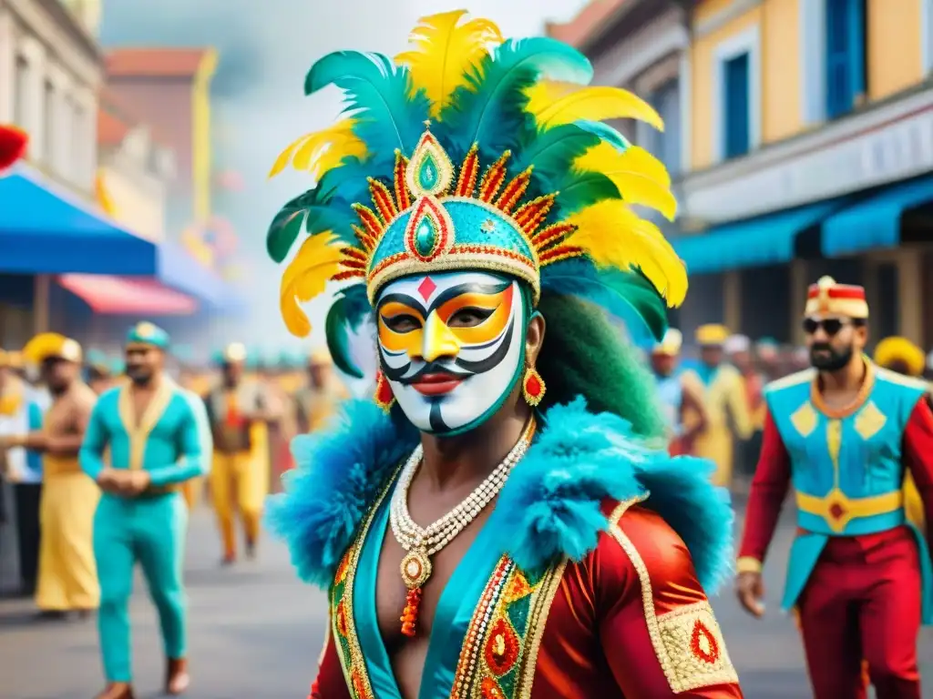 Detallada pintura acuarela de Carnaval: alegría y color Vibrante escena de murgas en Carnaval con detallados trajes y pinturas faciales
