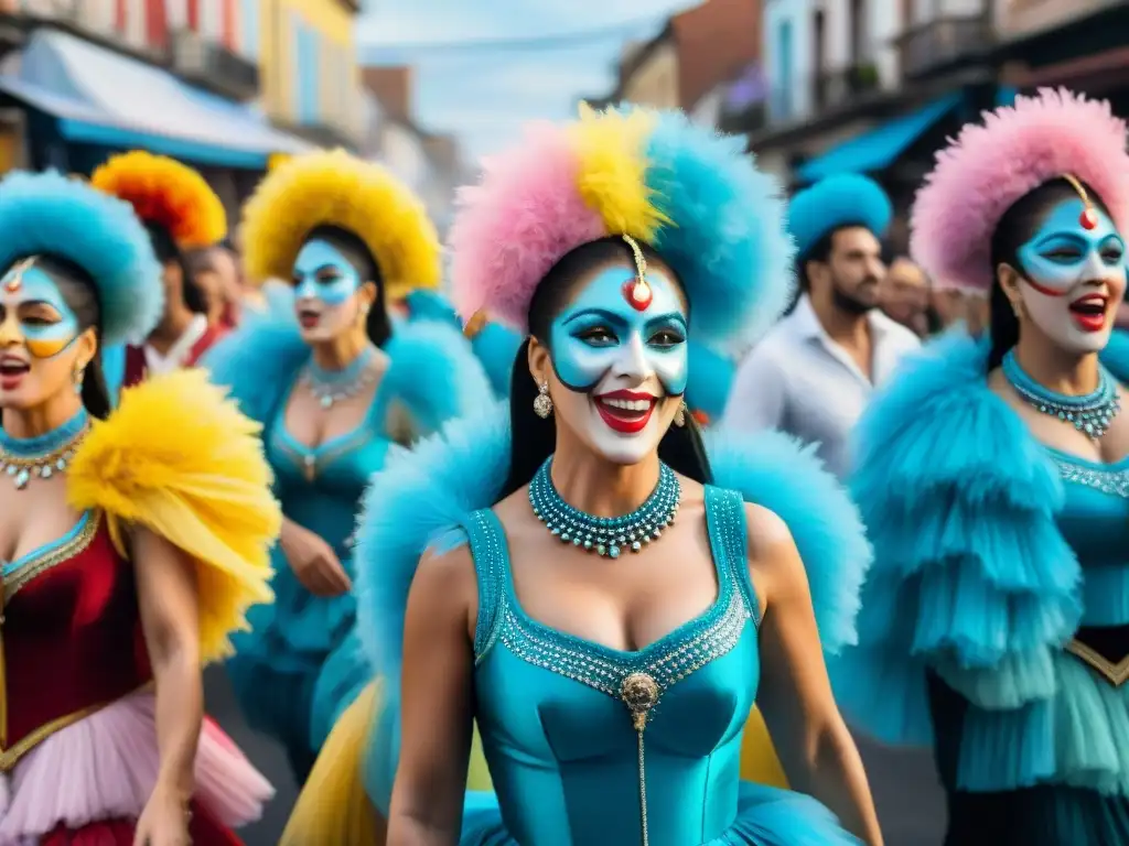 Vibrante pintura acuarela de murgas en el Carnaval de Uruguay Vibrante escena de murgas en Carnaval en Uruguay