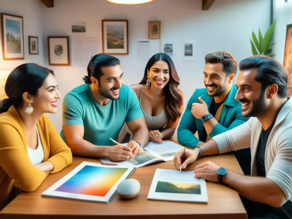 Uruguayos parodistas colaborando en colorida ilustración acuarela Vibrante escena de proceso creativo parodistas Uruguayos reunidos alrededor de una mesa llena de sketches y disfraces coloridos