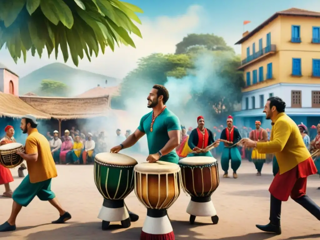 Escena vibrante de Candombe: tambores y danzas en Uruguay Vibrante escena de talleres de Candombe en Uruguay con músicos y bailarines en una plaza comunitaria colorida