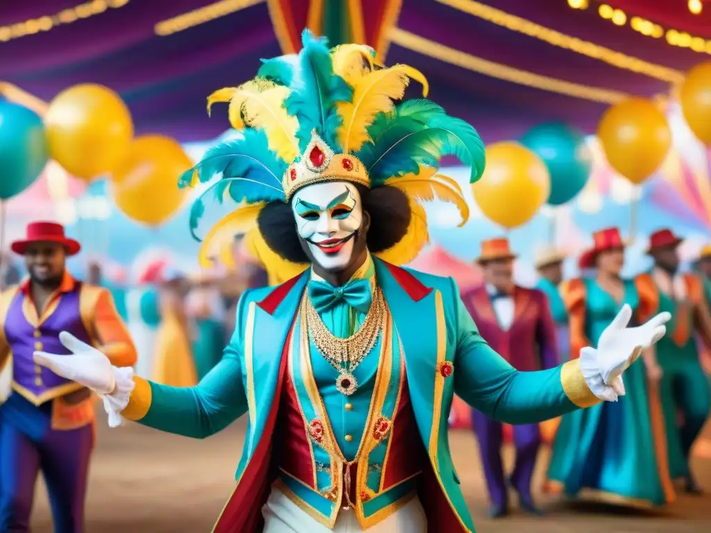 Espectáculo de Carnaval: Energía y Color en Acuarela Un vibrante escenario de carnaval con artistas en trajes coloridos y poses dinámicas, reflejando técnicas de actuación en revistas