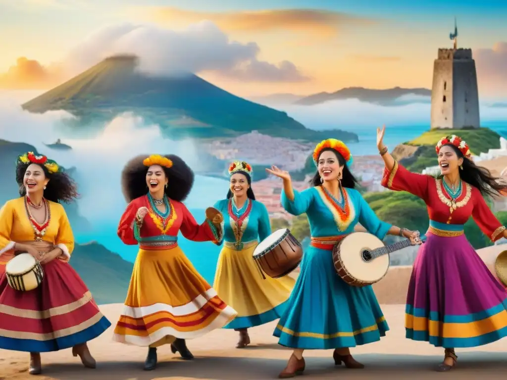 Murgueros en escena: música y color global Un vibrante escenario global con murgueros uruguayos en el mundo, lleno de color y energía festiva