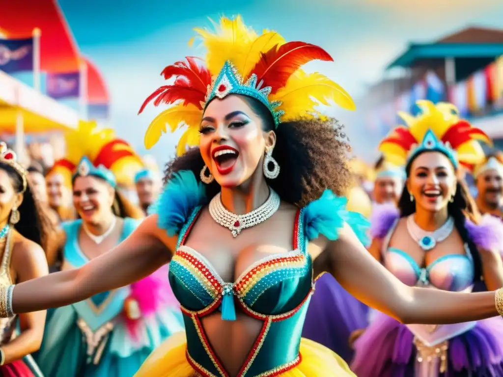 Diversidad y empoderamiento en el Carnaval Uruguayo Un vibrante escenario de mujeres diversas en trajes de carnaval, celebrando con energía y unidad en el Carnaval Uruguayo