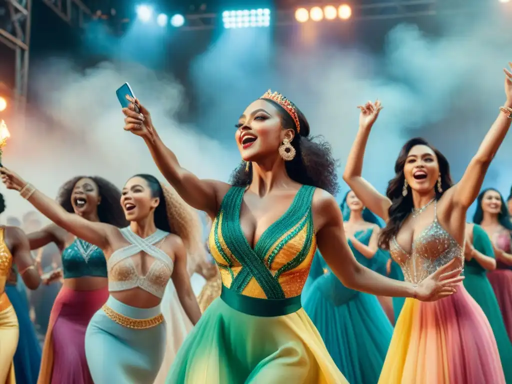 Empoderamiento femenino en el carnaval: Mujeres en escena Un vibrante escenario de mujeres en parodistas uruguayos, rompiendo estereotipos con trajes coloridos y actitud empoderada