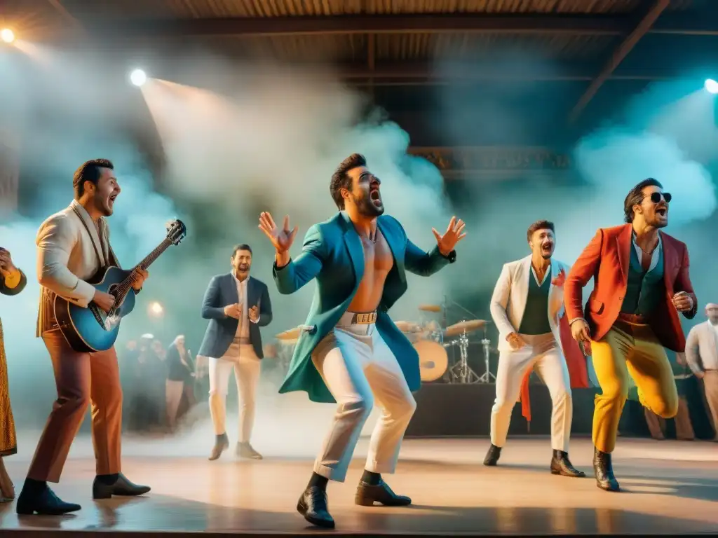 Parodistas uruguayos en escena: humor, sátira y crítica social en vivo Un vibrante escenario con parodistas uruguayos críticos transformando la sociedad mientras el público reacciona con risas y sorpresa