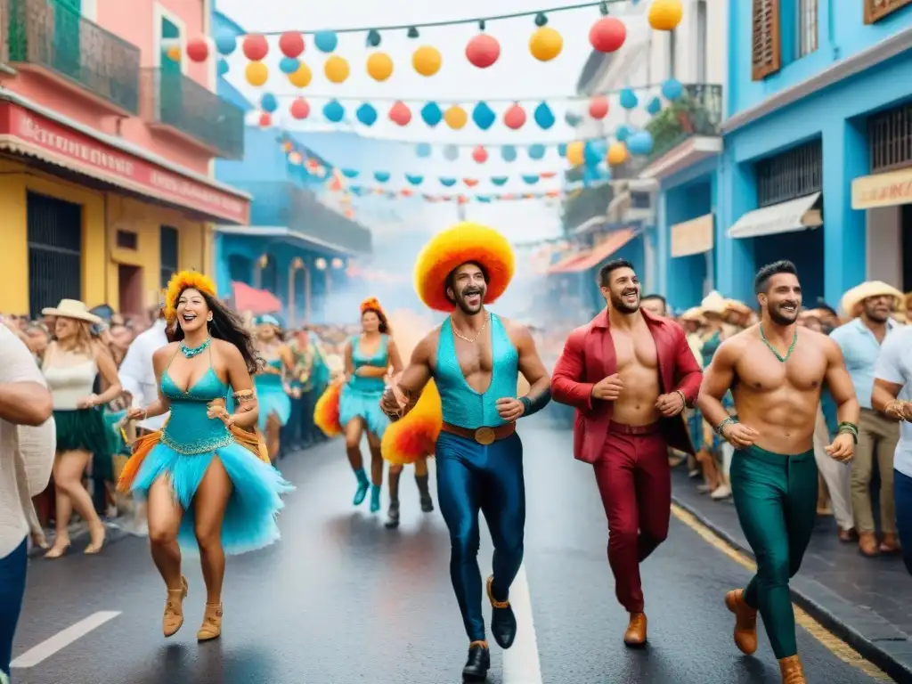 Carnaval en Uruguay: Calle animada y colorida Vibrante ilustración acuarela del exitoso Carnaval Uruguayo con coloridos trajes y música tradicional