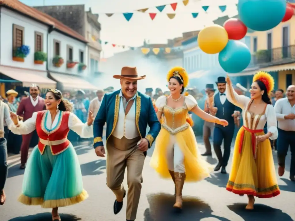 Colorida celebración familiar de Carnaval en Uruguay Vibrante celebración familiar en Carnaval de Uruguay, transmitiendo cultura y unión generacional