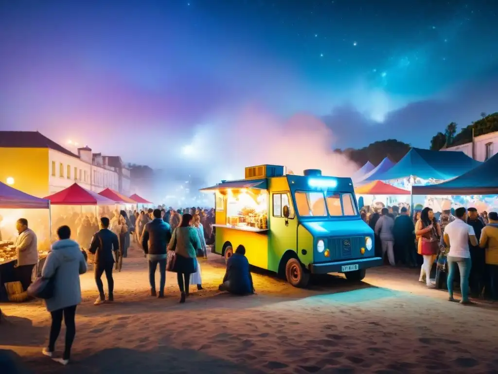 Escena vibrante de food trucks en el Carnaval Uruguayo Un vibrante festival de food trucks en el Carnaval de Uruguay, bajo un cielo estrellado