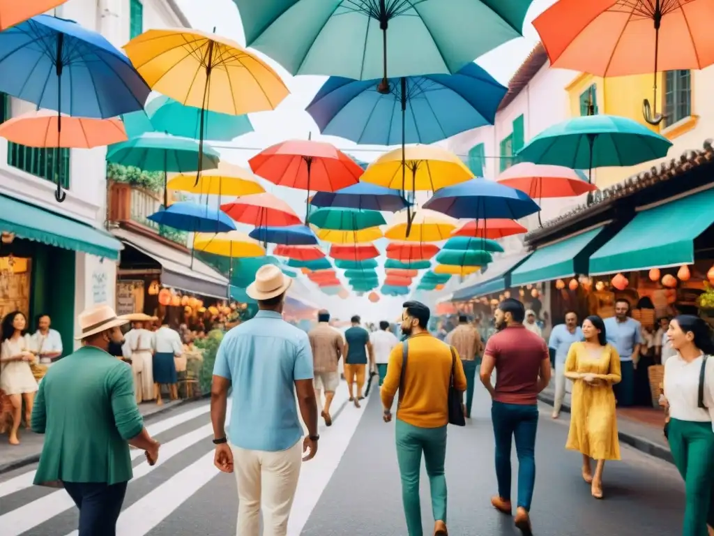 Vibrante escena urbana: 'Las Llamadas' festival en acuarela Un vibrante festival de Las Llamadas reúne a una diversa comunidad bajo coloridos paraguas