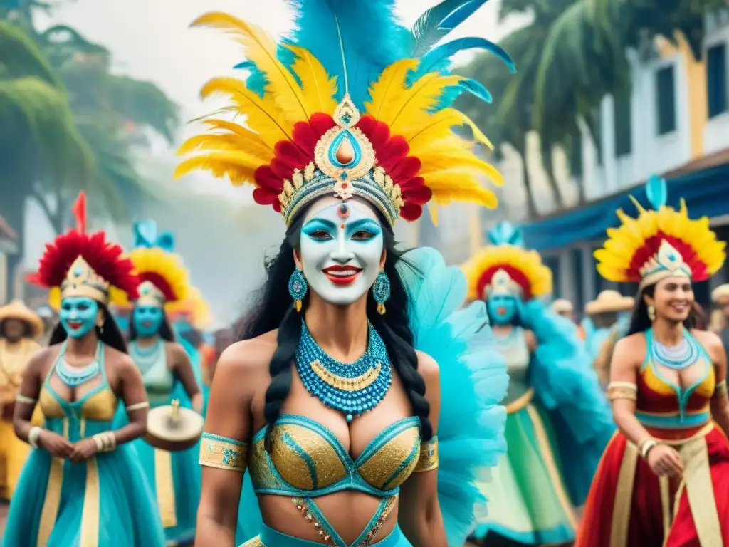 Desfile de Carnaval en Uruguay: mezcla vibrante de tradiciones Una vibrante fusión de influencia religiosa en el Carnaval Uruguayo, con coloridos trajes, máscaras y música en un desfile lleno de alegría