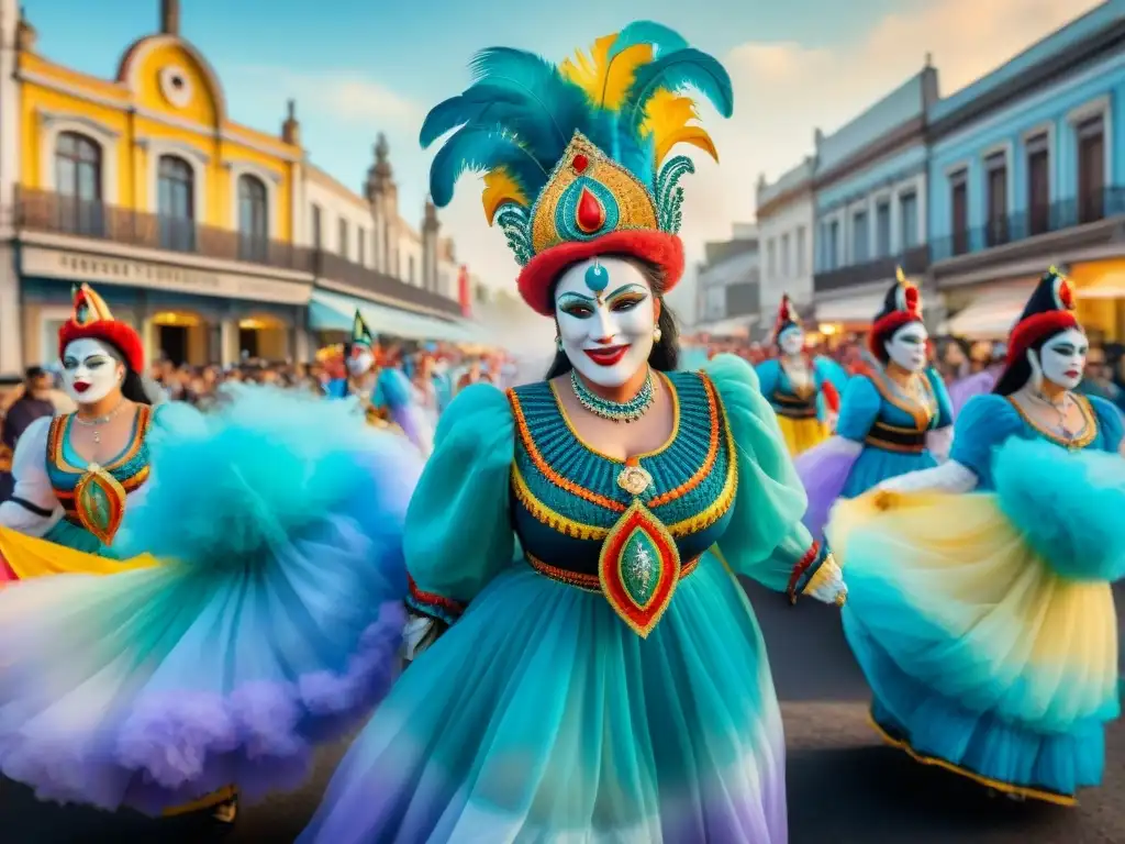 Desfile vibrante de carnaval en Uruguay: fusión cultural Una vibrante fusión de influencias internacionales en un carnaval uruguayo, donde diseñadores crean un desfile colorido