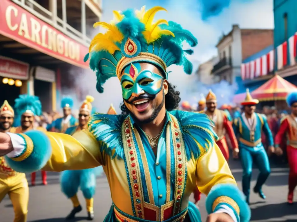 Carnaval en Uruguay: Baile, Color y Alegría Vibrante grupo de artistas del Carnaval Uruguayo celebrando con alegría y energía en un desfile colorido