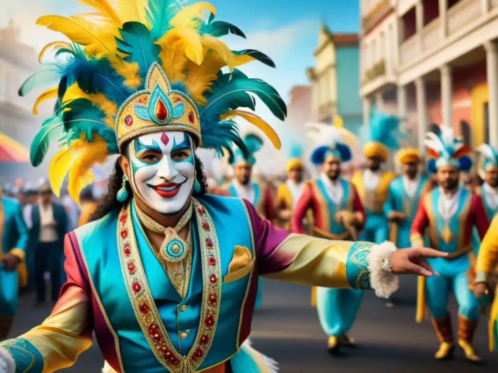 Deslumbrante diversidad cultural en el Carnaval Uruguayo Vibrante grupo de artistas de Carnaval en Uruguay con influencia de diásporas, trajes coloridos y dinamismo
