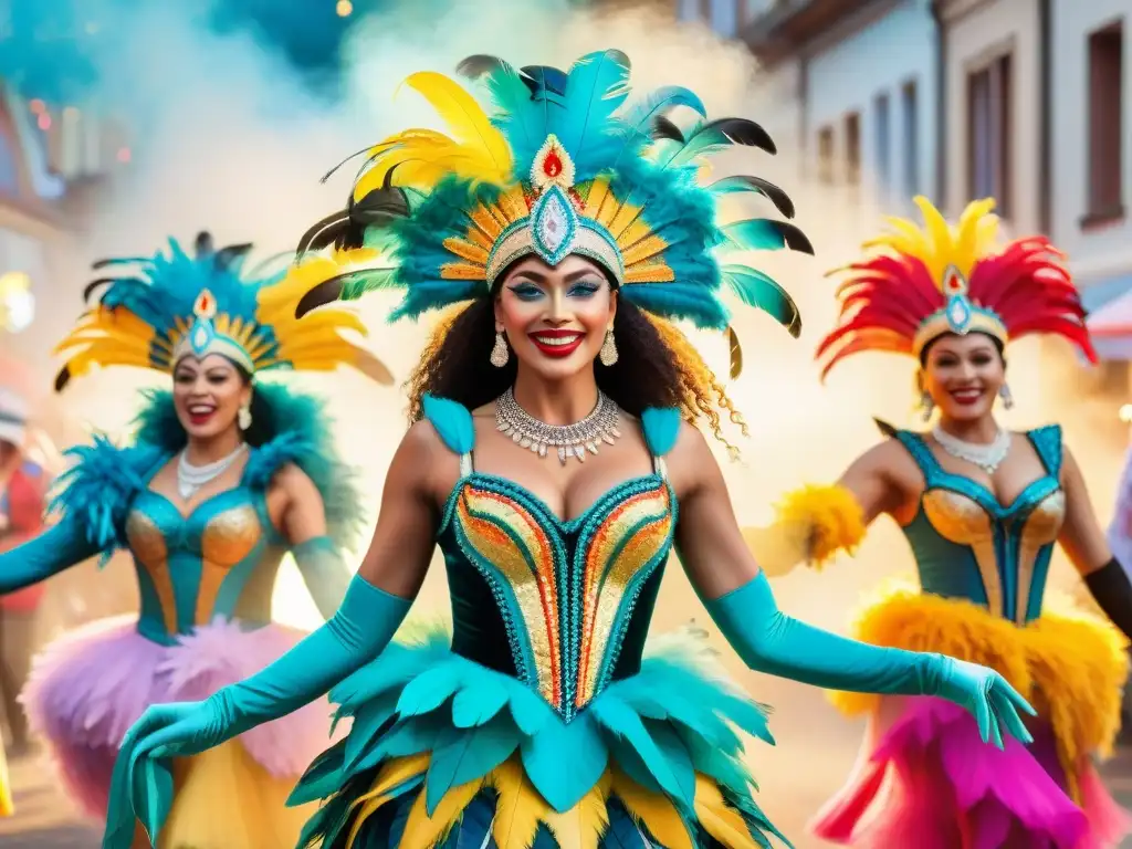 Colorida danza de Carnaval en acuarela Un vibrante grupo de bailarines de carnaval con trajes elaborados, plumas y lentejuelas, celebrando la creatividad y la tradición