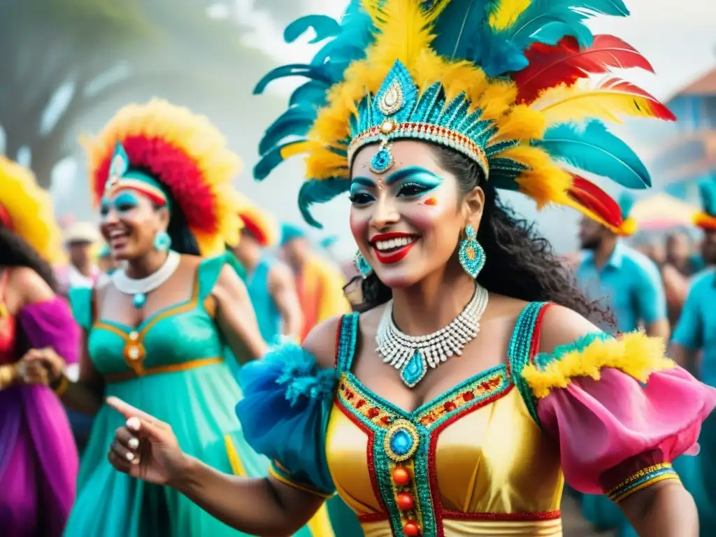 Baile festivo en el Carnaval de Uruguay Una ilustración acuarela vibrante de un grupo bailando con coloridos trajes en el Carnaval Uruguayo, captando la energía festiva y la hidratación en el ambiente