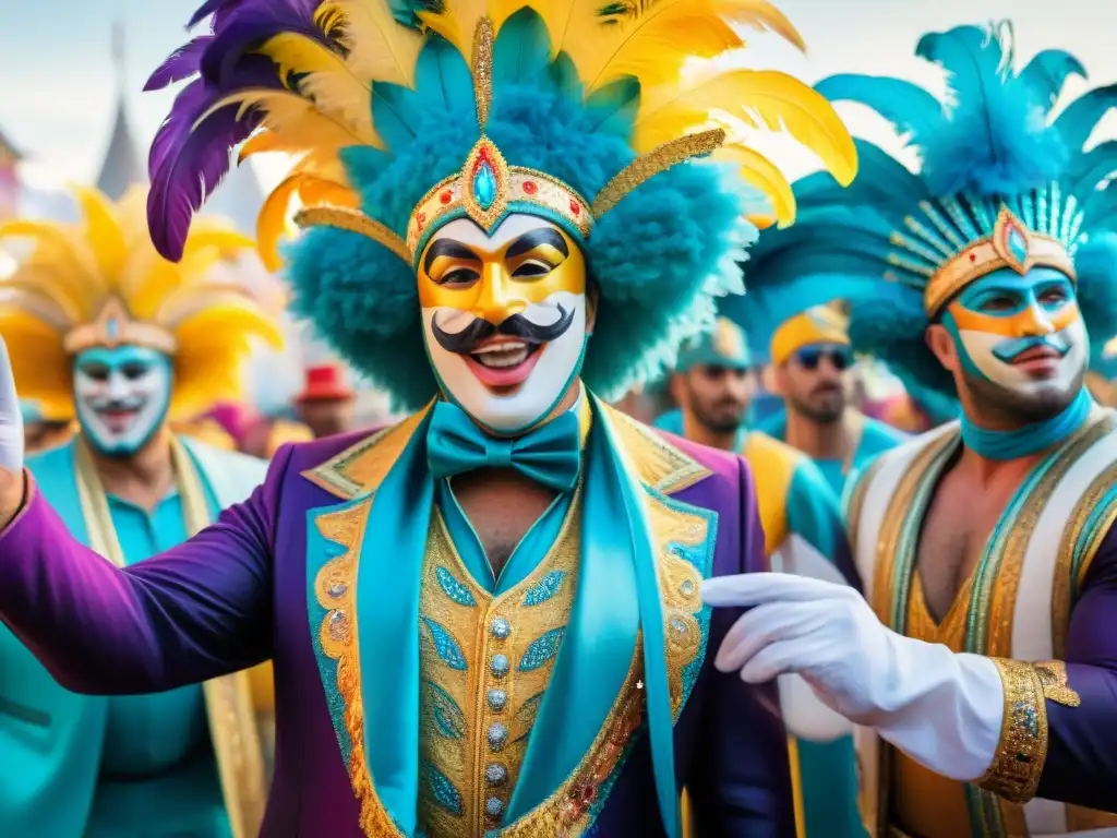 Directores de Carnaval en Uruguay: Pasión y Creatividad Un vibrante grupo de Directores de escena carnaval Uruguay en animada discusión frente a una colorida carroza de carnaval