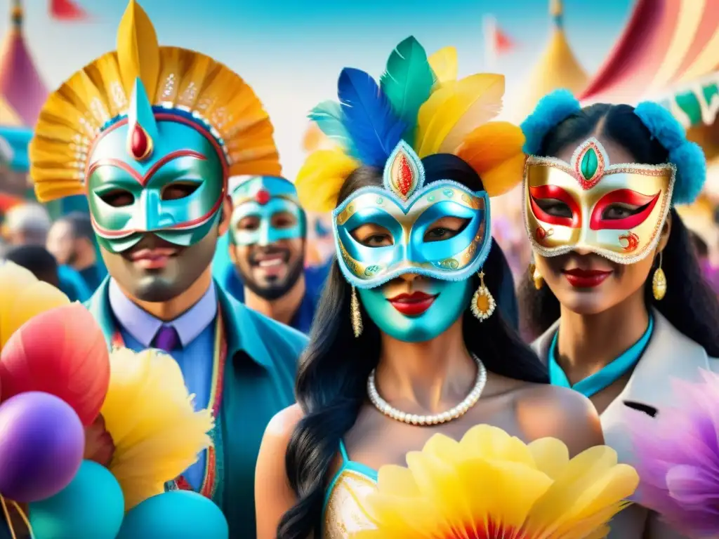 Manifestación de diversidad: Máscaras de inclusión en el Carnaval Uruguayo Una ilustración acuarela vibrante de un grupo diverso con máscaras inclusivas destacadas del Carnaval Uruguayo
