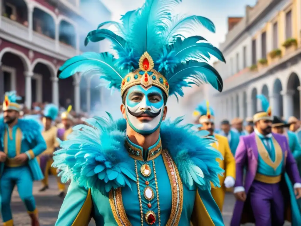 Pintura acuarela del vibrante Carnaval en Uruguay Una vibrante historia del Carnaval Uruguayo en imágenes, con deslumbrantes trajes, movimiento, y energía festiva