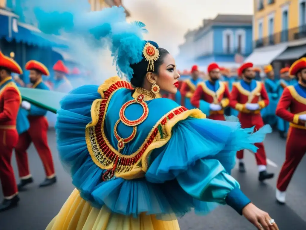 Deslumbrante Carnaval Uruguayo: colores y pasión en cada pincelada Una vibrante historia de danza en el Carnaval Uruguayo, con trajes elaborados y música animada en las coloridas calles