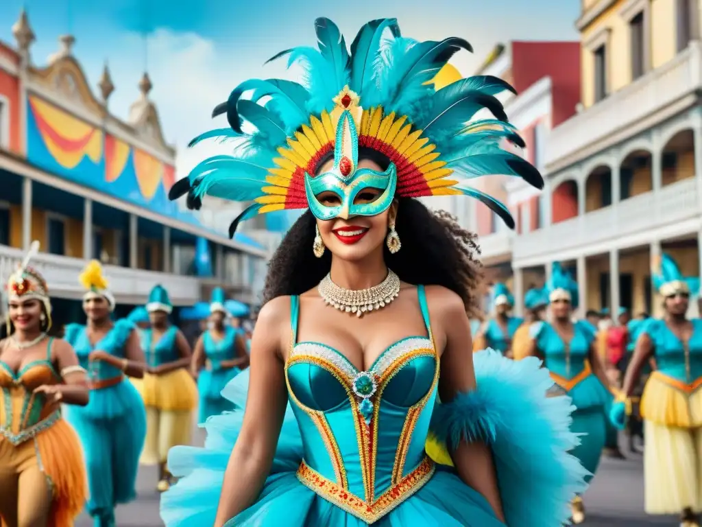 Evolución de trajes de carnaval en Uruguay: de lo tradicional a lo moderno Una ilustración acuarela vibrante que muestra la historia y evolución de los trajes de carnaval uruguayo, desde mascaras tradicionales coloridas hasta diseños modernos con detalles elaborados y plumas