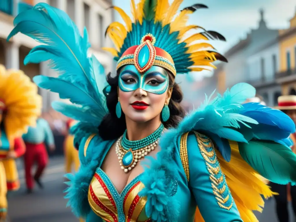 Deslumbrante desfile de vedettes en el carnaval uruguayo Una vibrante historia de trajes vedettes en el Carnaval de Uruguay, capturada en acuarela