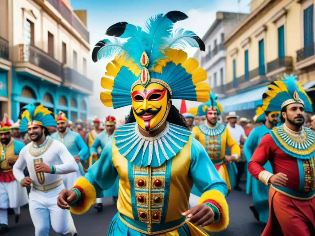 Carnaval Uruguayo: Calles vibrantes de Montevideo Una ilustración acuarela vibrante del impacto social del Carnaval Uruguayo en Montevideo, con máscaras, tambores y bailarines coloridos