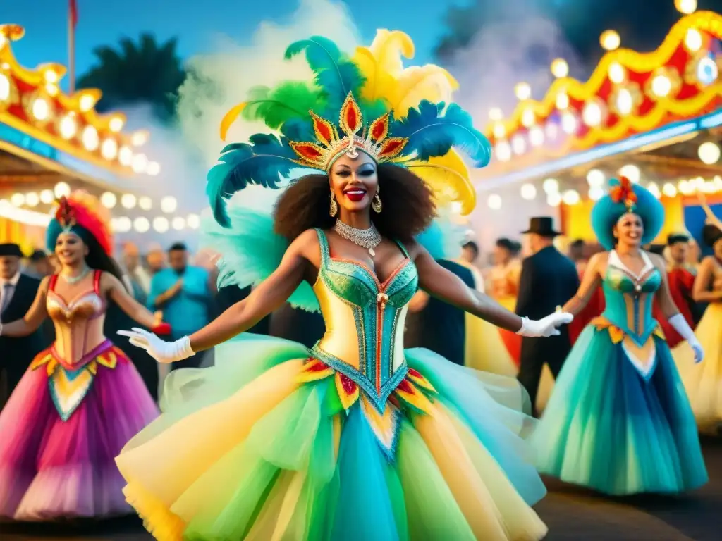 Carnaval multicultural: danzas y coloridas festividades Un vibrante lienzo de acuarela documentando el legado del Carnaval con detalles exquisitos y una energía festiva