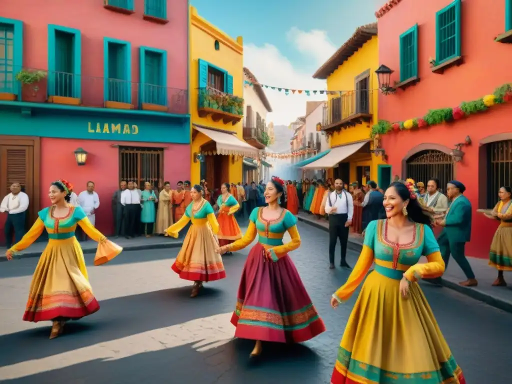 Vibrante calle de 'Las Llamadas': fiesta cultural y alegría comunitaria Vibrante ilustración acuarela de 'Las Llamadas', reflejando la energía y unidad de la celebración