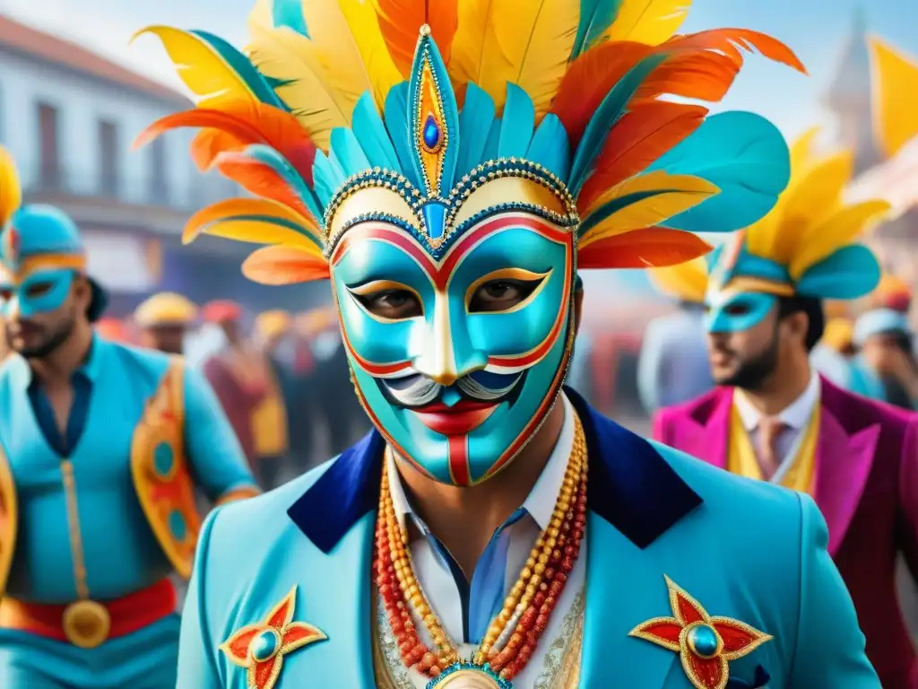 Una vibrante ilustración acuarela de máscaras y disfraces 3D en el Carnaval de Uruguay