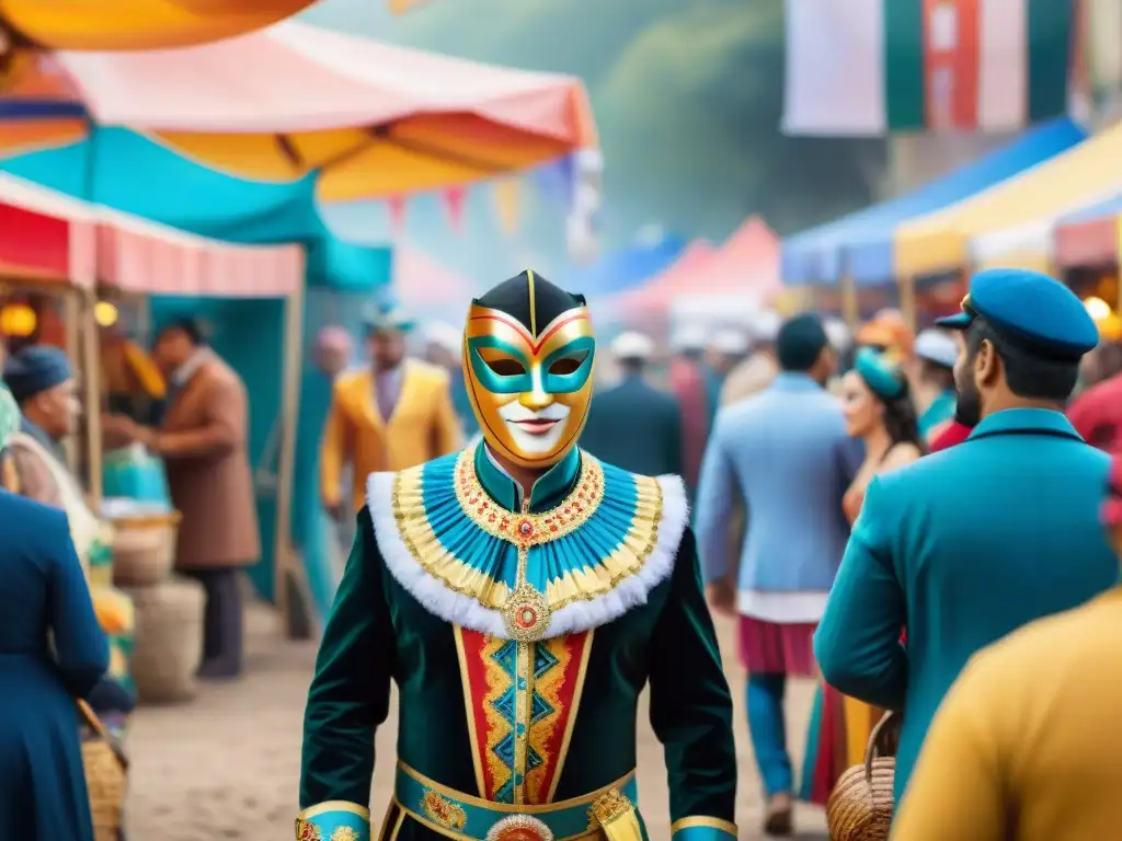 Mercado artesanal vibrante en el Carnaval uruguayo: detallada acuarela Vibrante mercado artesanal en Carnaval Uruguayo destacando la importancia económica de los artesanos