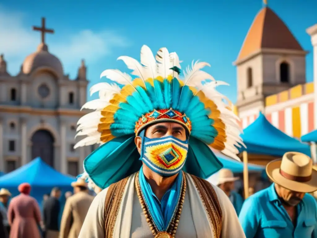 Mercado colorido de Carnaval en Uruguay Vibrante mercado en Uruguay con artesanos creando Trajes Carnaval Uruguayo artesanales bajo un cielo azul