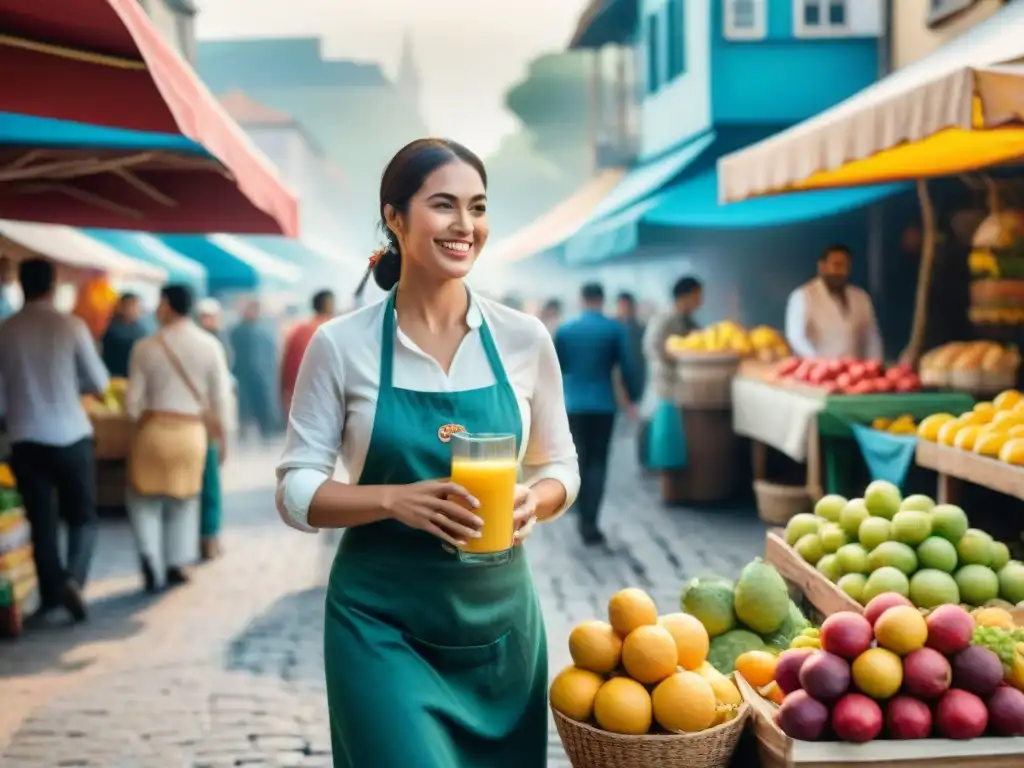 Mercado vibrante en Carnaval de Uruguay: frutas frescas y danzas Un vibrante mercado callejero durante el Carnaval en Uruguay, con vendedores de frutas frescas para recetas de licuados refrescantes