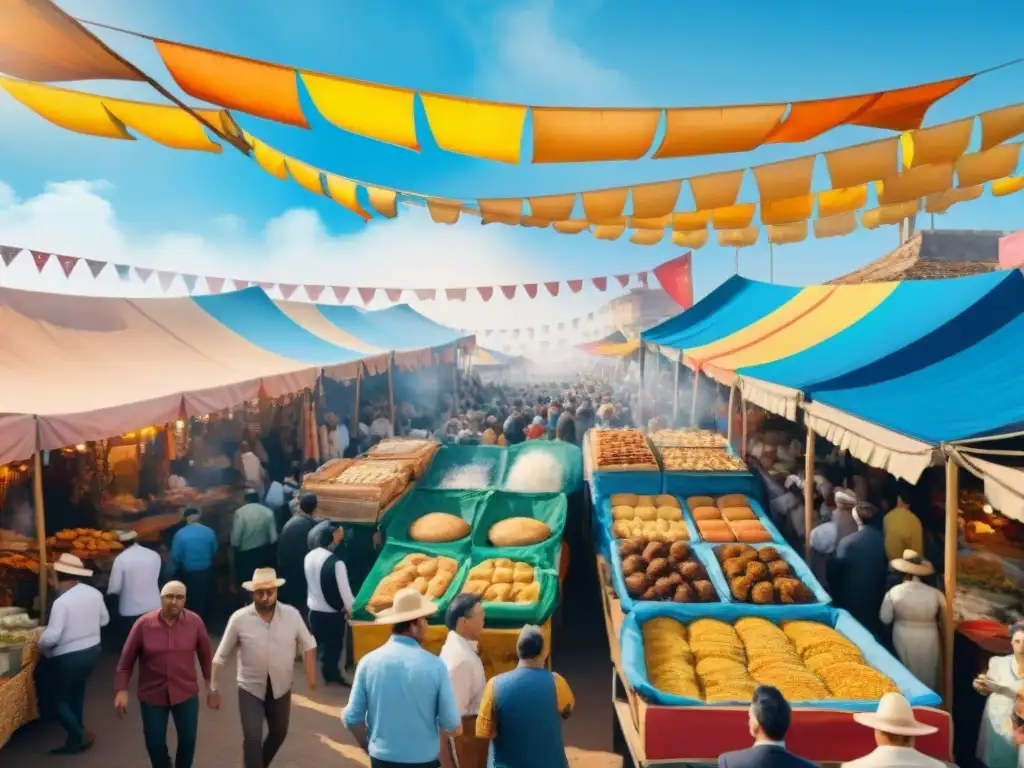 Mercado callejero vibrante en Carnaval: pintura acuarela detallada en 8k Vibrante mercado callejero en Carnaval Uruguayo con oferta gastronómica variada y colorida