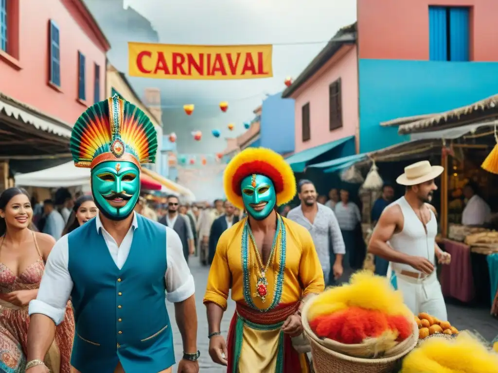 Mercado colorido y vibrante en el Carnaval de Uruguay Vibrante mercado callejero del Carnaval en Uruguay con artesanías y desfile de comparsas