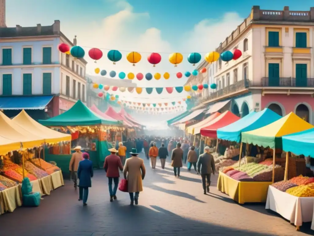 Colorido carnaval uruguayo: máscaras, trajes y alegría en mercado vibrante Un vibrante mercado callejero en un carnaval uruguayo internacional con máscaras coloridas y vendedores alegres
