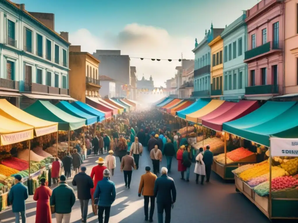 Mercado de Carnaval en Montevideo: ilustración acuarela vibrante Vibrante mercado callejero en Montevideo durante Carnaval